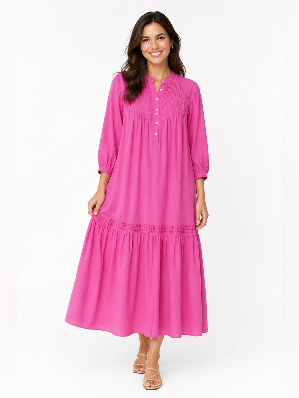 Marina Rinaldi Sport Pink Tiered Maxi Dress Cotton Button Front Boho Size 14